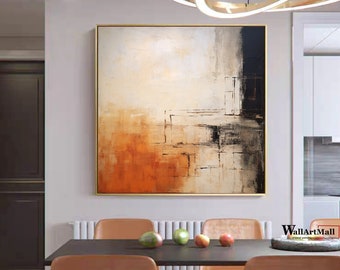 Gran cuadro abstracto en negro y naranja. Arte mural abstracto moderno en naranja. Pintura minimalista abstracta sobre lienzo en naranja. Arte para la pared de la sala de estar.