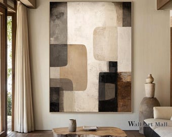 Pintura abstracta geométrica original en marrón y beige. Arte minimalista abstracto en marrón y negro. Pintura abstracta gris. Pintura para dormitorio.