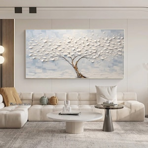3D Texture Abstract White Painting Original Tree Minimalist Abstract Wall Art White Blue Wall Art White 3D Texture Wall Art Tree Painting