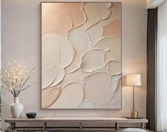Original abstrakt målning med krämfärgad textur, stor handgjord minimalistisk målning, vit och beige abstrakt väggkonst, vardagsrumsmålning