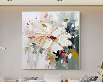 Grande peinture de fleur originale sur toile Blooming Flower peinture fleur à la main peinture moderne fleur Texture peinture blanc texturé Art