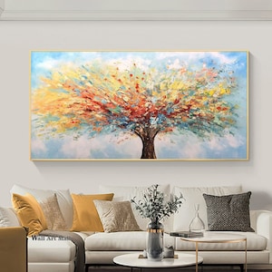 Modern Tree Textured Canvas Oil Painting Colorful Tree Texture Art Original Hand Painted Blue Abstract Wall Art Modern Decorative Painting