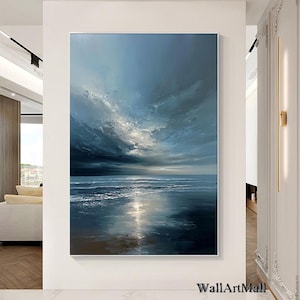 Original Ocean Canvas Painting Modern Soft Blue Ocean Painting Blue Grey Minimalist Texture Abstract Ocean Painting Seascape Decorative Art
