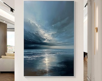 Original Ocean Canvas Painting Modern Soft Blue Ocean Painting Blue Grey Minimalist Texture Abstract Ocean Painting Seascape Decorative Art