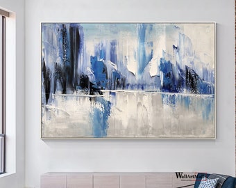 Blue Abstract Painting Blue and White Textured Painting Gray Canvas Painting Large Abstract Textured Painting Minimalist Abstract Wall Art