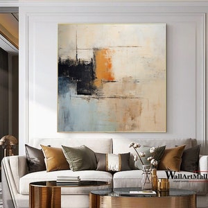 Large Blue and Orange Abstract Painting Original Beige Abstract Painting Modern Abstract Painting Orange Minimalist Abstract Canvas Painting