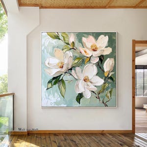 Pintura original de flores con textura 3D, pintura acrílica beige sobre lienzo, pintura moderna personalizada, pintura de flores de primavera, decoración del hogar, decoración navideña
