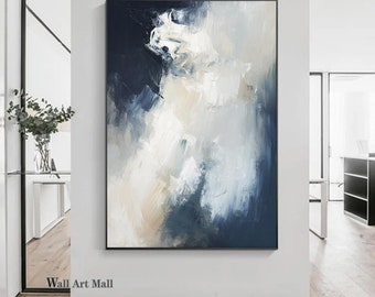 Blue and White Abstract Wall Art Large Blue Minimalist Textured Painting Modern Gray Minimalist Abstract Art Living Room Decorative Painting