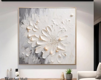 Large White Flower Texture Art Original Knife Painting Large Flower Acrylic Painting Heavy Texture Minimalist Art Home Flower Wall Art