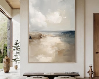 Abstract Beach Art Seascape Painting Large Blue Sky Abstract Wall Art Original Beige Textured Abstract Painting Modern Living Room Wall Art