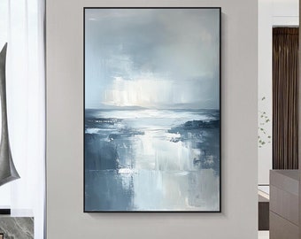 Blue Abstract Ocean Painting Large Abstract Seascape Painting Blue Gray Sky Canvas Painting Modern Blue and Gray Sea Art Bedroom Painting