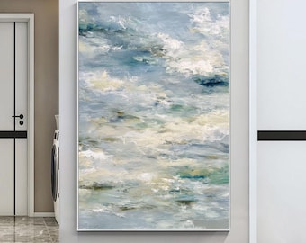 Grande peinture abstraite de texture bleu vert Art mural minimaliste bleu Texture verte peinture abstraite minimaliste peinture décorative moderne
