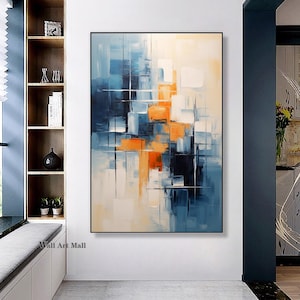 Large Blue Abstract Canvas Painting Blue Textured Art Blue Abstract Wall Art Modern Orange Abstract Art Minimalist Decorative Wall Art