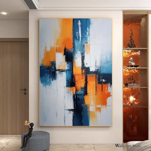 Grande pintura abstrata azul laranja azul tela geométrica pintura abstrata laranja amarelo arte de parede abstrata grande pintura minimalista