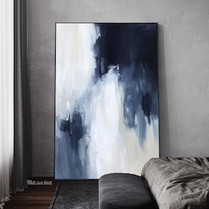 Dark Blue and White Wall Art Large Blue Minimalist Textured Canvas Painting Modern Simple Abstract Minimalist Painting Living Room Painting
