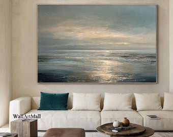 Oeuvre d'art murale sur toile paysage marin bleu et gris surdimensionnée, peinture abstraite apaisante pour chambre personnalisée, oeuvre d'art sur toile bleu profond et gris