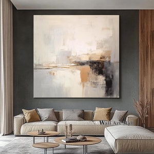 Gray and Beige Canvas Abstract Painting Black Textured Minimalist Abstract Wall Art Beige Minimalist Geometric Painting Living Room Painting