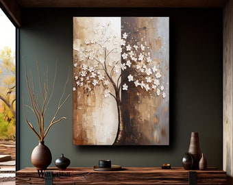 Tableau sur toile abstrait marron Grand tableau 3D texturé avec arbre Art mural abstrait marron Tableau texturé fleurs blanches Tableau moderne