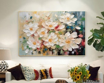 Peinture 3D texturée de fleurs colorées Peinture abstraite de grandes fleurs sur toile Peinture abstraite de fleurs beige et blanche Peinture acrylique colorée