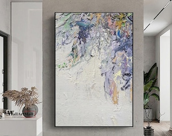 Hand Painted White Texture Abstract Painting Purple Abstract Texture Painting Large Abstract Wall Art Acrylic Painting Bedroom Wall Art