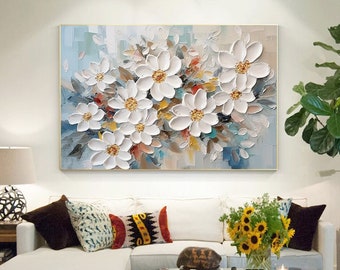 Grande peinture abstraite de fleurs en fleurs sur toile 3D texturée peinture abstraite blanche peinture au couteau moderne peinture florale abstraite art décoratif