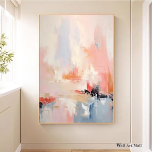 Pink Abstract Minimalist Painting Large Colorful Painting Blue Texture Wall Art Pastel Abstract Canvas Art Bedroom Decoration Painting