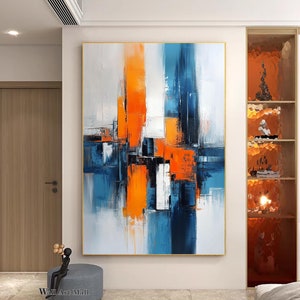 Blauw abstract canvas schilderij Blauw oranje Geometrisch abstracte muurkunst Modern getextureerd abstract decoratief schilderij Blauw minimalistisch schilderij