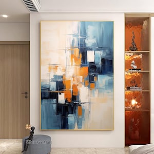 Pintura abstrata geométrica azul e laranja Pintura abstrata texturizada azul Pintura decorativa abstrata laranja Grande arte de parede bege