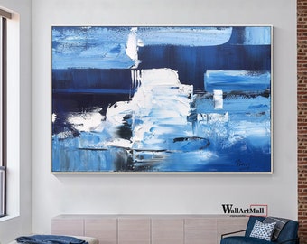 Large Blue Abstract Painting Blue Abstract Textured Painting White Abstract Textured Painting Modern Acrylic Painting Minimalist Wall Art