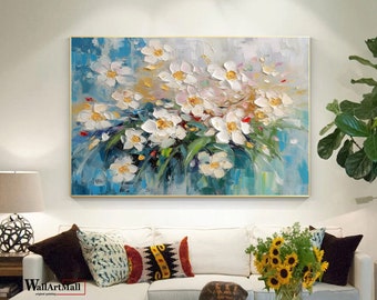 Peinture de fleur abstraite colorée Peinture de fleur de grande texture sur toile Peinture acrylique bleue et verte Peinture de texture 3D de fleur blanche