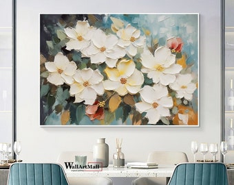 Peinture à l’huile de fleurs blanches sur toile Texture de fleur blanche Art mural Original Décoration de chambre de filles Peinture peinture abstraite colorée