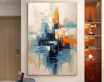 Abstrakte Blaue Leinwand Große Blaue Strukturierte Kunst Blaue abstrakte Malerei Moderne orange abstrakte Kunst Schlafzimmer Dekorative Wandkunst