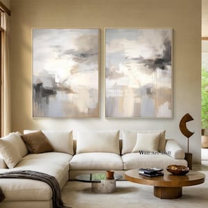 Original Cream Color Abstract Wall Art Large Beige Line Texture Wall Art Set of 2 Beige Gray Wabi-Sabi Wall Art Neutral Abstract Painting