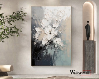 Blooming Abstract Flower Painting Large Black and White Textured Painting White 3D Textured Abstract Wall Art Original Flower Painting