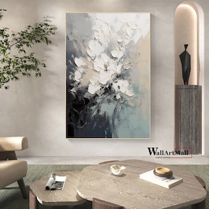 Peinture de fleurs abstraites épanouies Grande peinture texturée noir et blanc 3D blanc texturé Art mural abstrait peinture originale de fleurs image 1