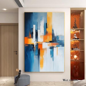 Grande pintura abstrata de cidade azul laranja pintura abstrata em tela azul arte de parede abstrata laranja amarela grande pintura minimalista abstrata
