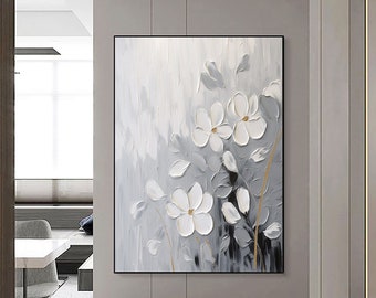 Gray and White Textured Abstract Painting Large White Flower Painting on Canvas 3D Textured Abstract Flower Painting Abstract Gray Painting