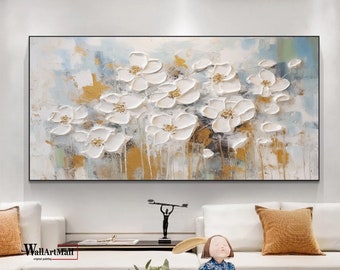 Peinture de fleurs abstraites sur toile Grande fleur Art mural Original Blanc Paysage floral Art Texture moderne Peinture Décoration murale en or