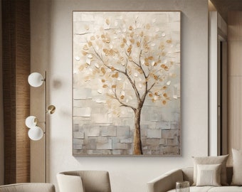 Peinture beige texturée minimaliste originale 3D texturé arbre peinture grande peinture acrylique abstraite salon moderne art mural décoratif