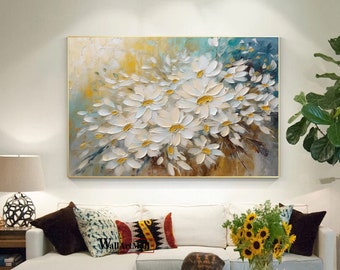 Texture 3D Peinture de fleurs blanches Peinture au couteau originale Peinture sur toile Fleurs en fleurs Décoration minimaliste Peinture Cadeau de Noël
