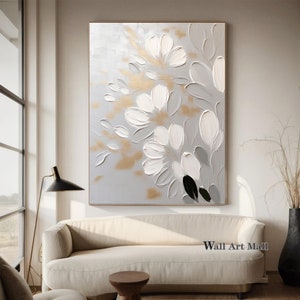 Large Gray Canvas Abstract Painting White 3D Texture Abstract Flower Painting Gray White Abstract Wall Art Modern Decorative Wall Art