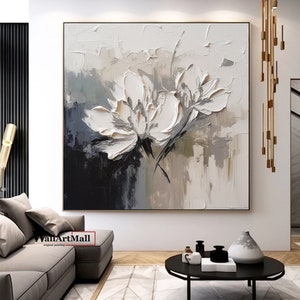 Large 3D Textured White Flower Painting 3D Textured Flower Canvas Wall Art Original Flower Acrylic Painting Gray Heavy Textured Painting