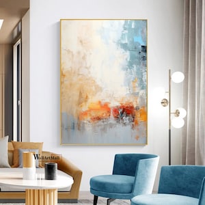 Large Colorful Abstract Painting Modern Blue and Orange Abstract Wall Art Beige Abstract Canvas Painting White Minimalist Abstract Painting