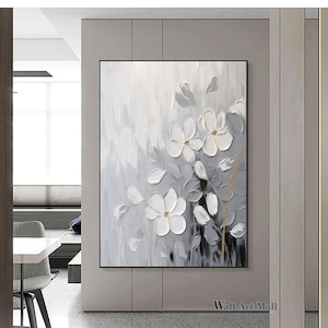 Gray and White Textured Abstract Painting Large White Flower Painting on Canvas 3D Textured Abstract Flower Painting Abstract Gray Painting