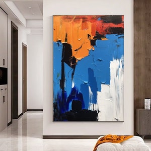 Blue and Orange Abstract Painting Blue Textured Painting White Acrylic Painting Large Abstract Textured Painting Minimalist Abstract Art