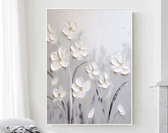 3D Texture White Flower Painting Original Gray White Abstract Oil Painting Flower Texture Painting Blooming White Flower Texture Wall Art
