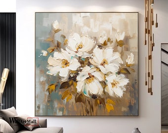 Grande peinture à l’huile de fleur originale Texture blanche Décor mural Peinture de fleur abstraite Peinture personnalisée Peinture brune Décor de salon moderne