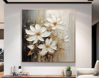 Grande fleur Texture peinture 3D Texture blanc peinture abstraite originale or peinture abstraite acrylique peinture personnalisée peinture décorative