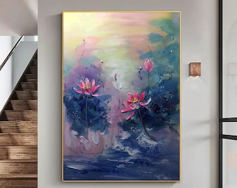 蓮の花の抽象画 キャンバスに大きな蓮の花の絵 青いアクリル抽象画 紫