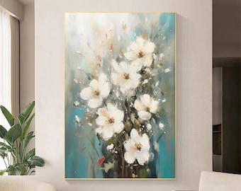 Large Flower Painting Abstract Blooming Flowers Canvas Painting Large Wall Art Original White Flower Painting Living Room Custom Painting